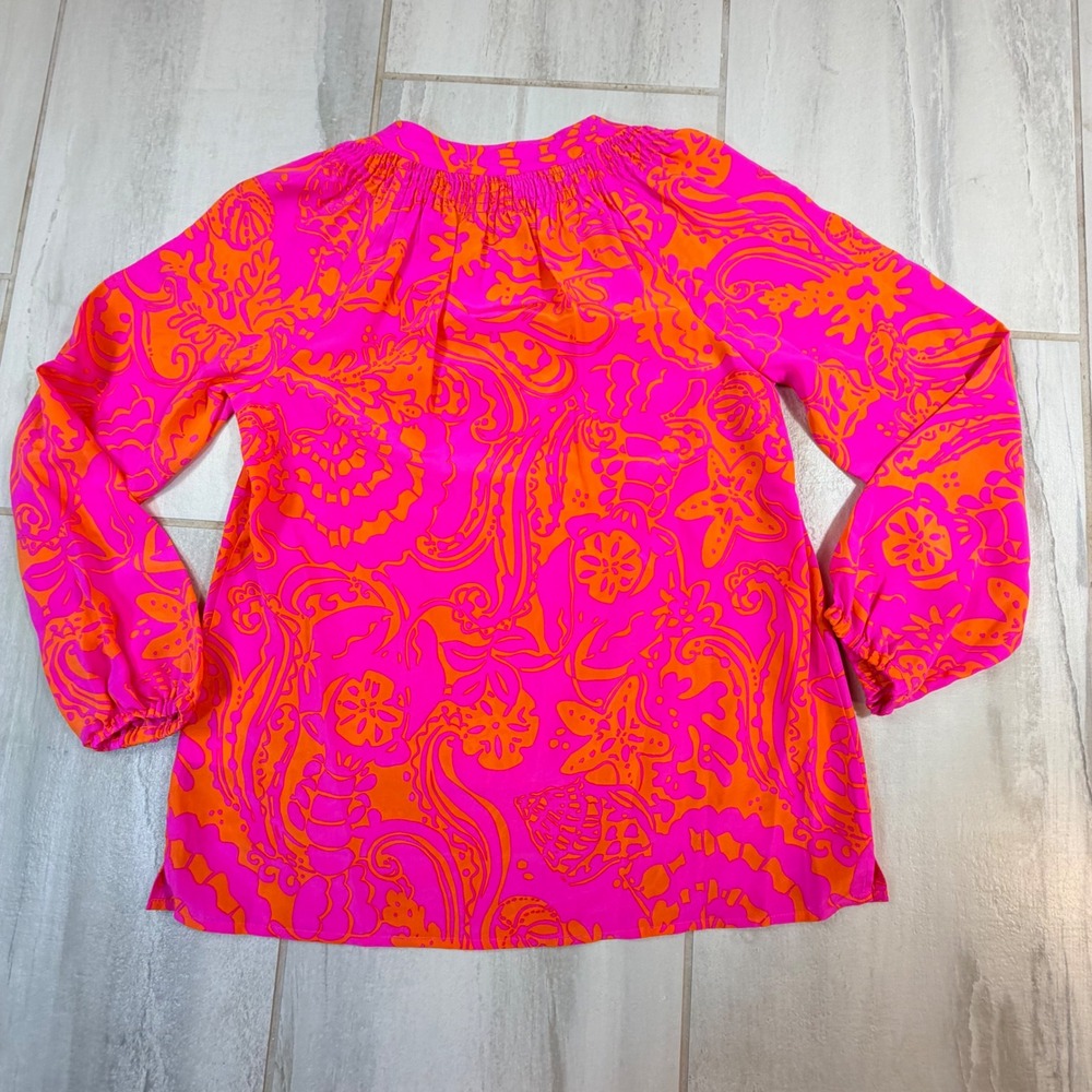 Lilly Pulitzer Elsa Silk Blouse Pop Pink Seaesta Paisley Sea Life Starfish Small